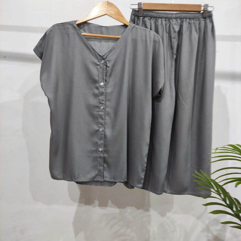 PIYAMA POLOS KANCING | PIYAMA BUSUI | BAJU SANTAI MURAH | HOMEDRESS MURAH | HOMEWEAR MURAH-VN 7/8 ABU