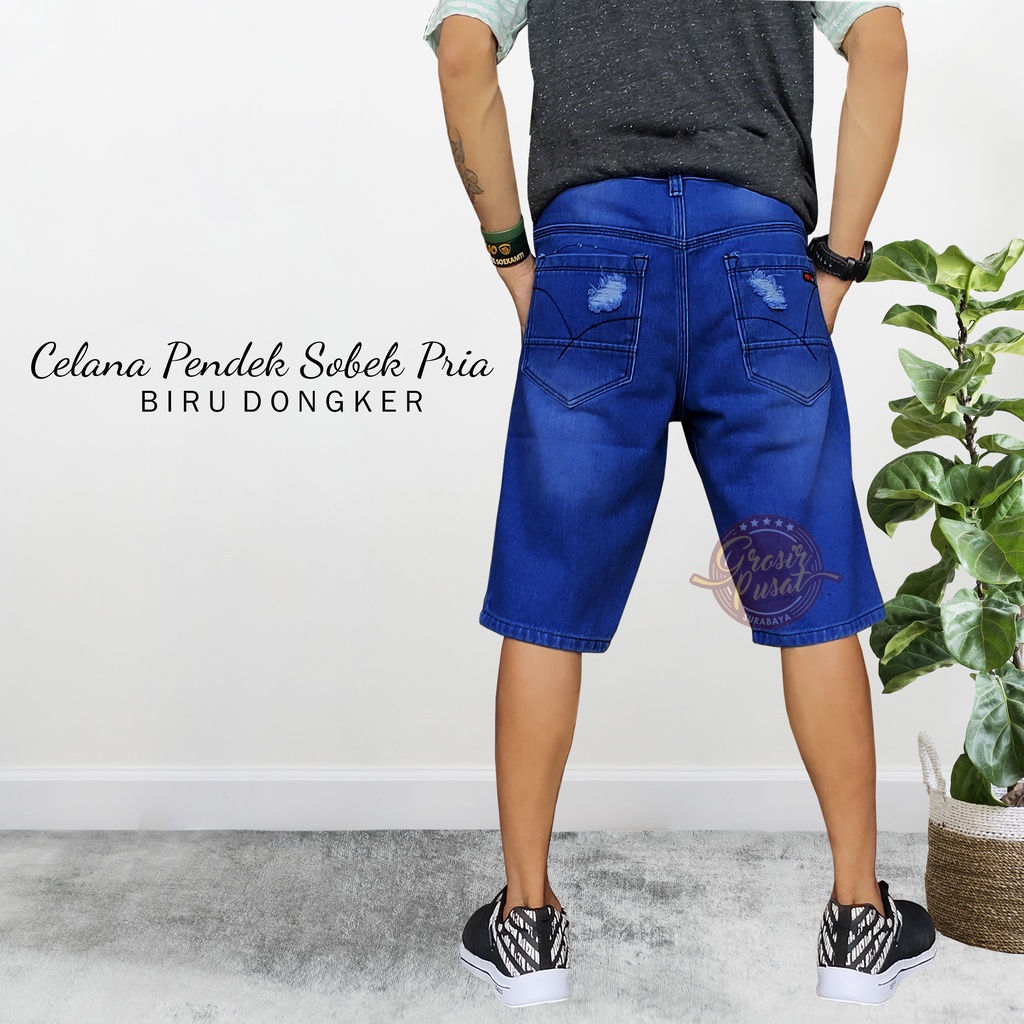 Celana Pendek Jeans Model Sobek Ripped Pria Biru Dongker 27 - 38