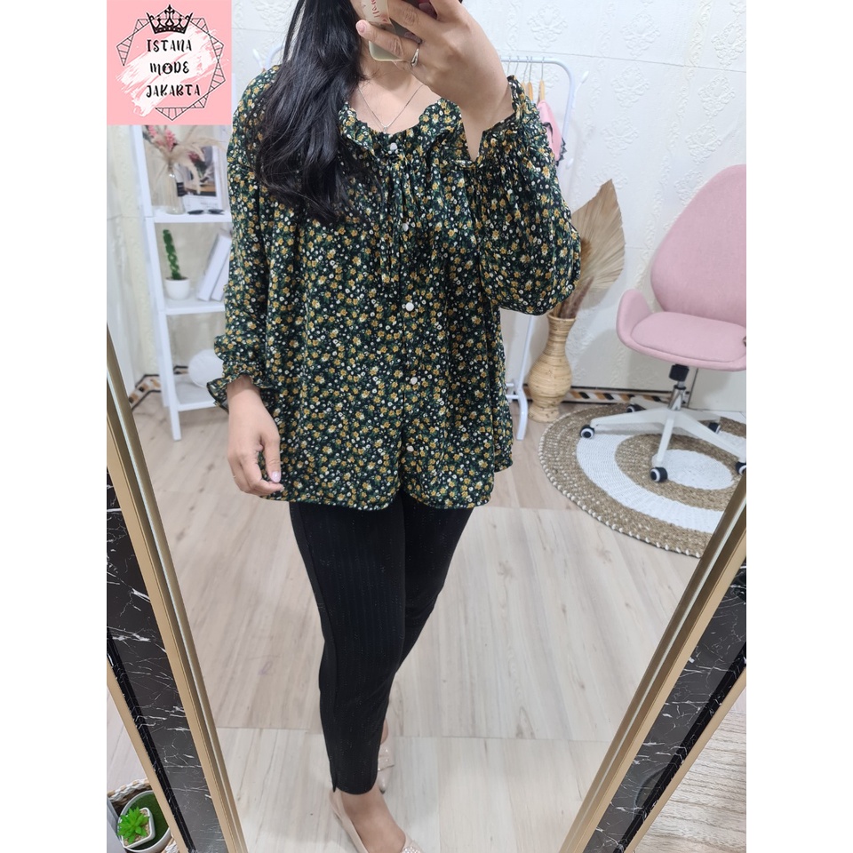 ISTANA MODE JAKARTA Sonya Jumbo baju atasan wanita terbaru blouse korean style blouse wanita lengan panjang-HITAM BUNGA HIJAU 4