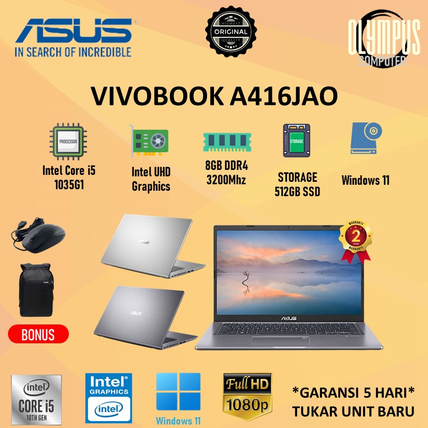 Laptop Asus Vivobook A416JAO Core i5 1035G1 8GB 512SSD W11+OHS 14.0FHD