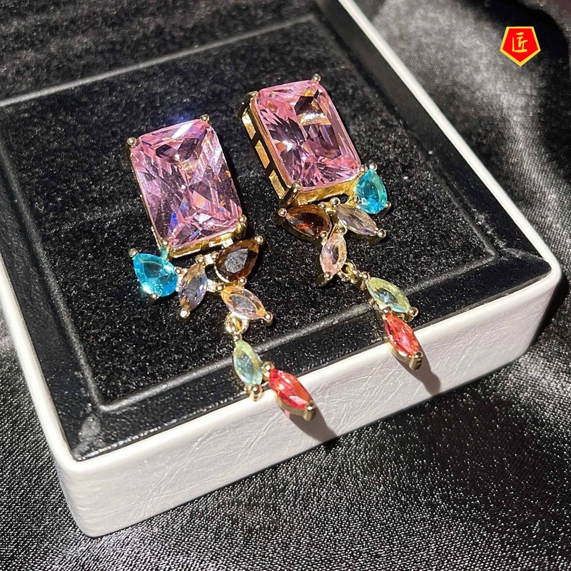 [Ready Stock]Noble Irregular Color Square Diamond Earrings