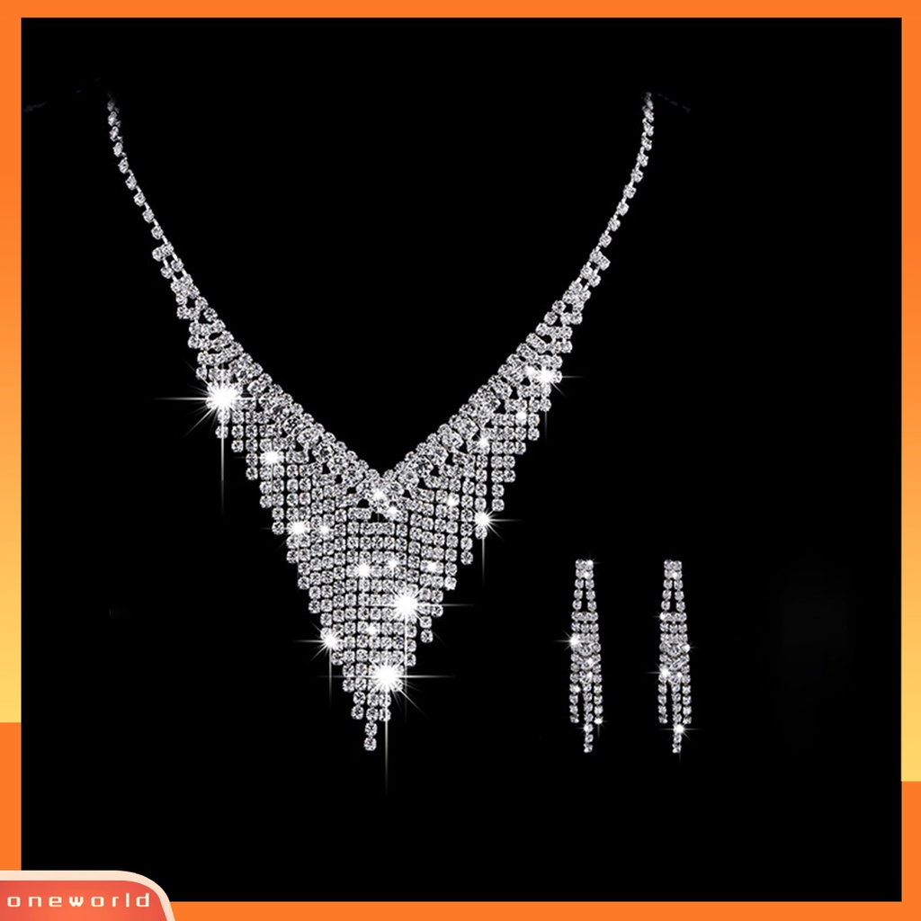 1 Set Kalung Choker Anting Rumbai Berlian Imitasi Model Hollow Out Shiny Untuk Pernikahan