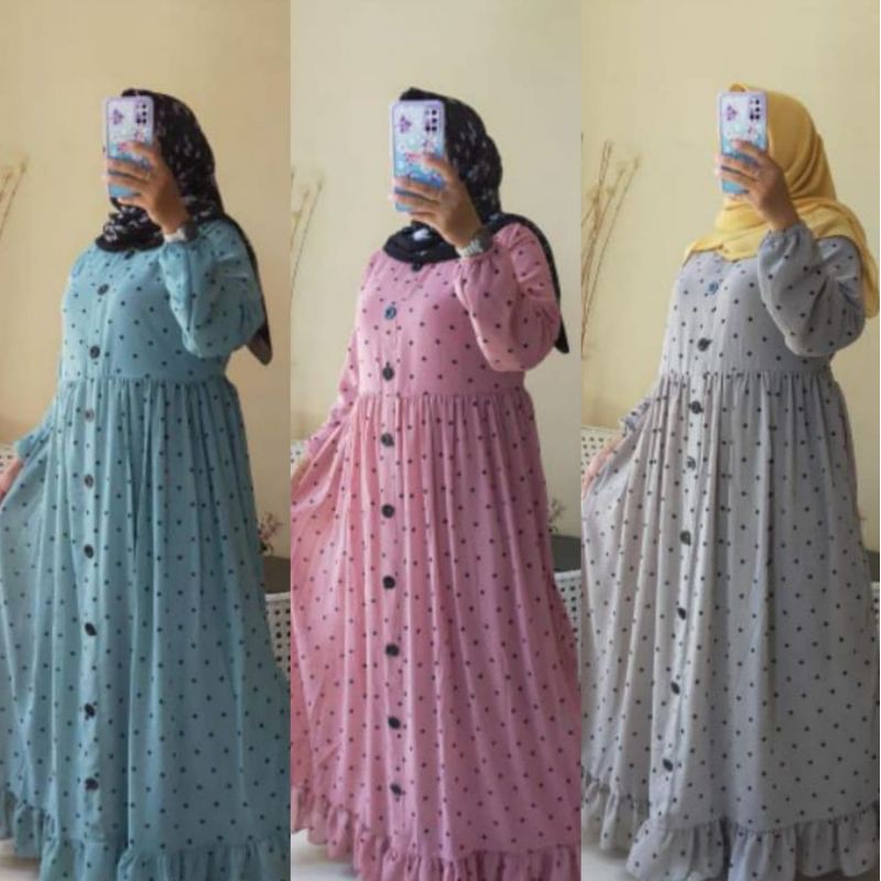 [Fashion Muslim] Gamis RHEINA POLKA maxy lemonskin | rempel | kancing | busui