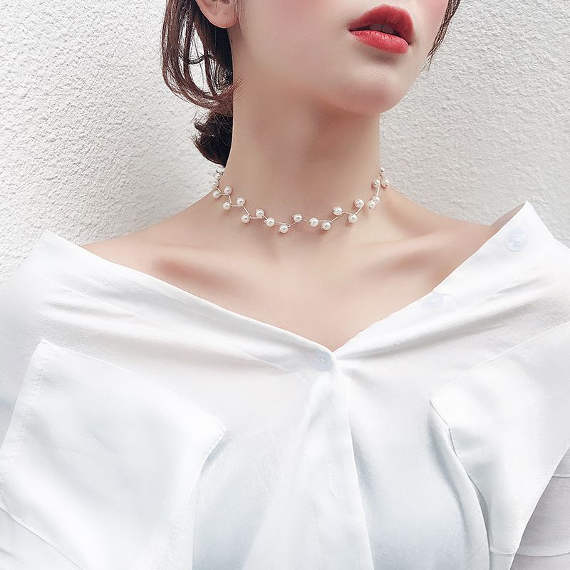 Cecilia Pearl Klavikula Ranting Choker Necklace Model Zigzag Rantai Korean Mutiara Kalung Korea