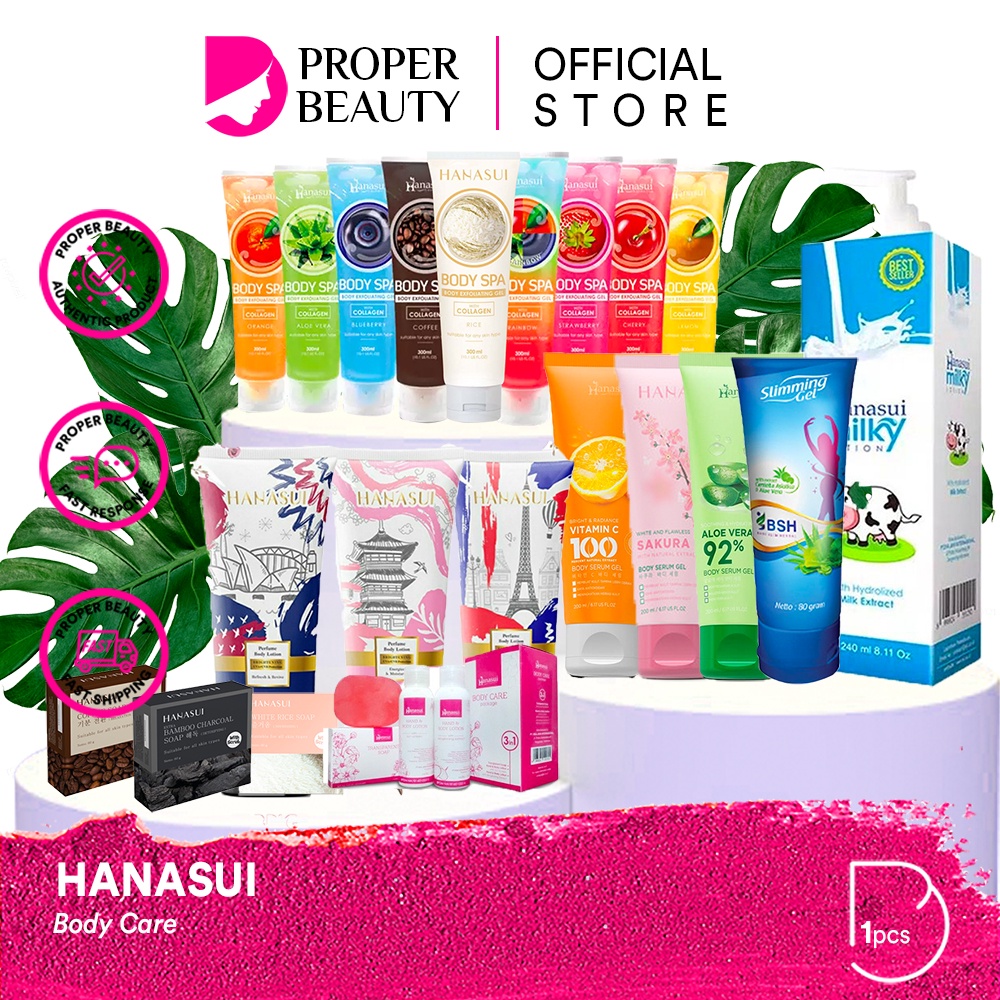 HANASUI Body Care Indonesia / Skincare Spa Scrub Hand Lotion Hair Soap Perfume / Cleanser Toner Essence Mist Serum Day Night Eye Cream Sunscreen Spot Gel Mask / Acne Flawless Glow Power Men Collagen Lipstik Lip Tint Stain / Make Up Paket Set Face Wajah