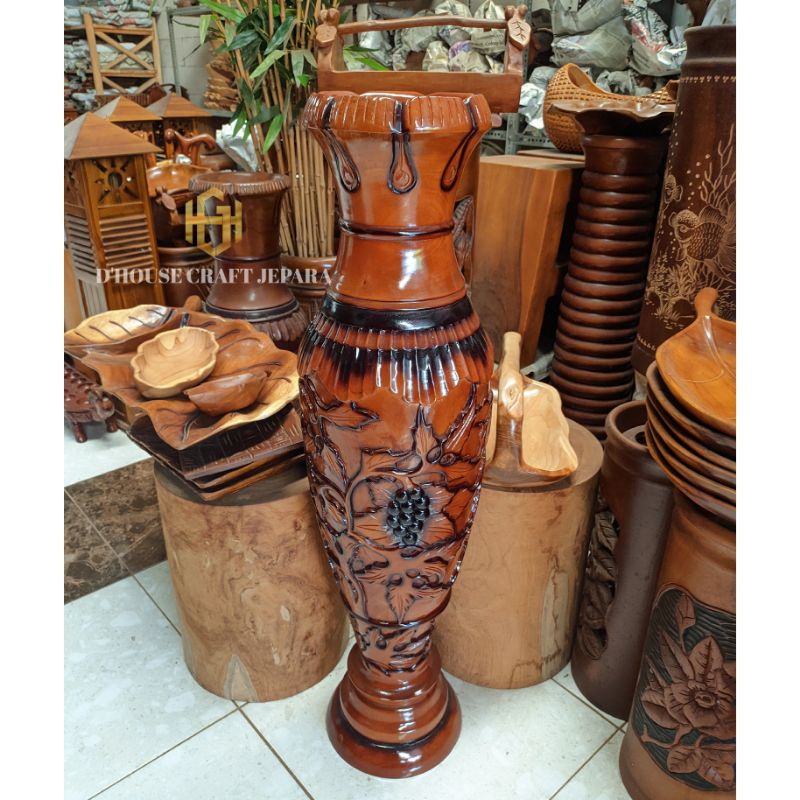 Guci Dekorasi Ruangan Kayu Jati Ukiran Motif Bunga & Anggur