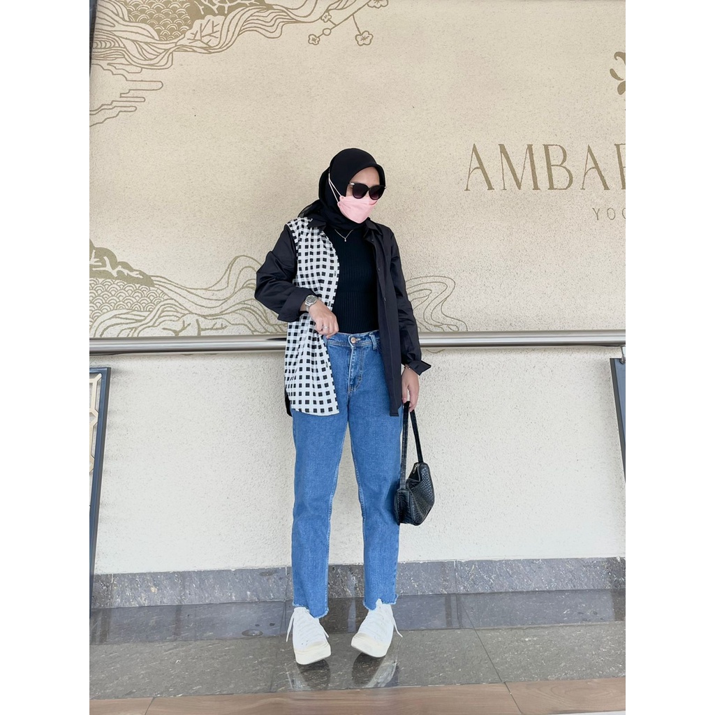 Kiara Top 2 - Black, Kemeja Wanita premium katun poplin kombinasi katun jepang