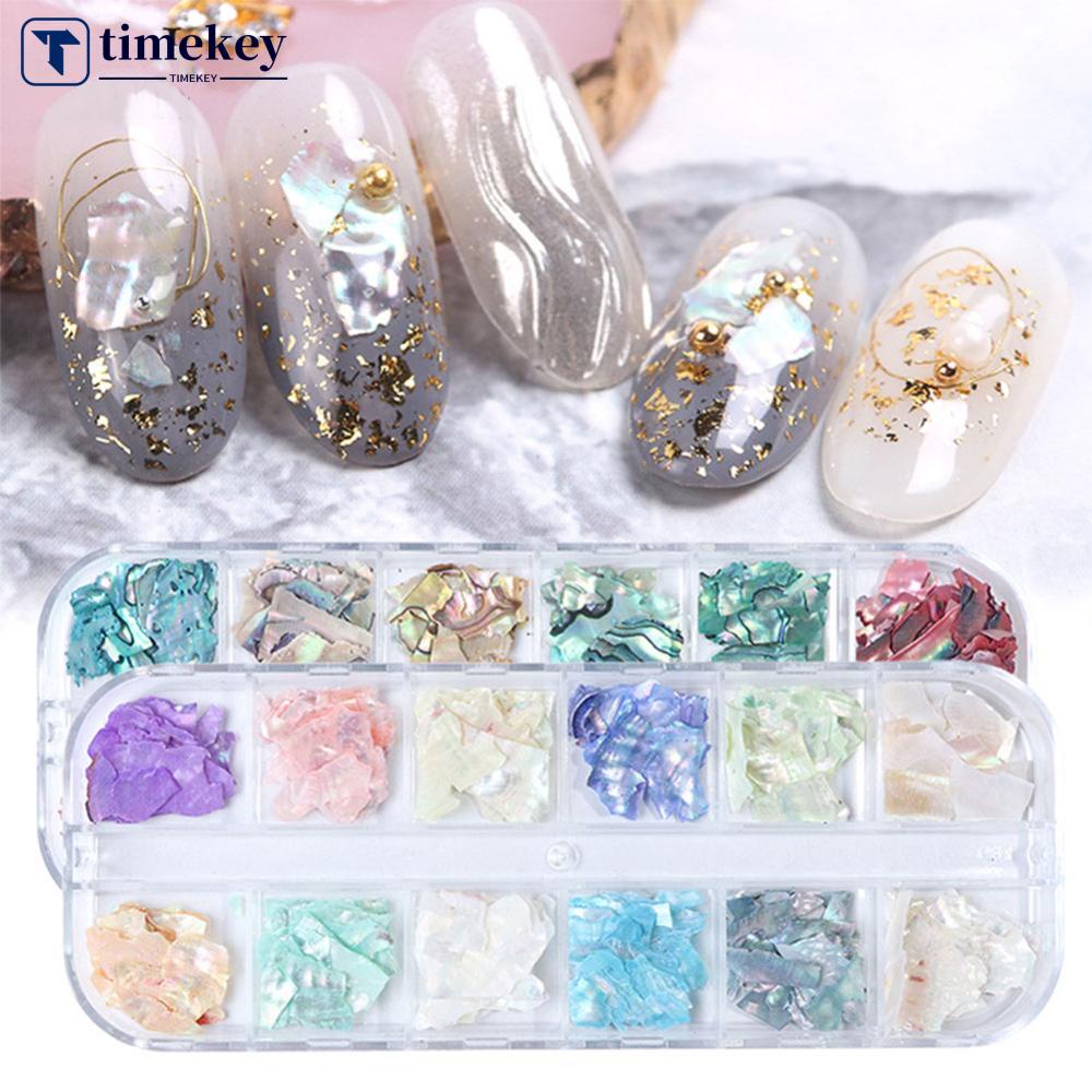 Timekey 12 Sekat / Set Hiasan Kuku 3D Asimetris Bahan Kulit Kerang Abalone Untuk Nail Art A8K5