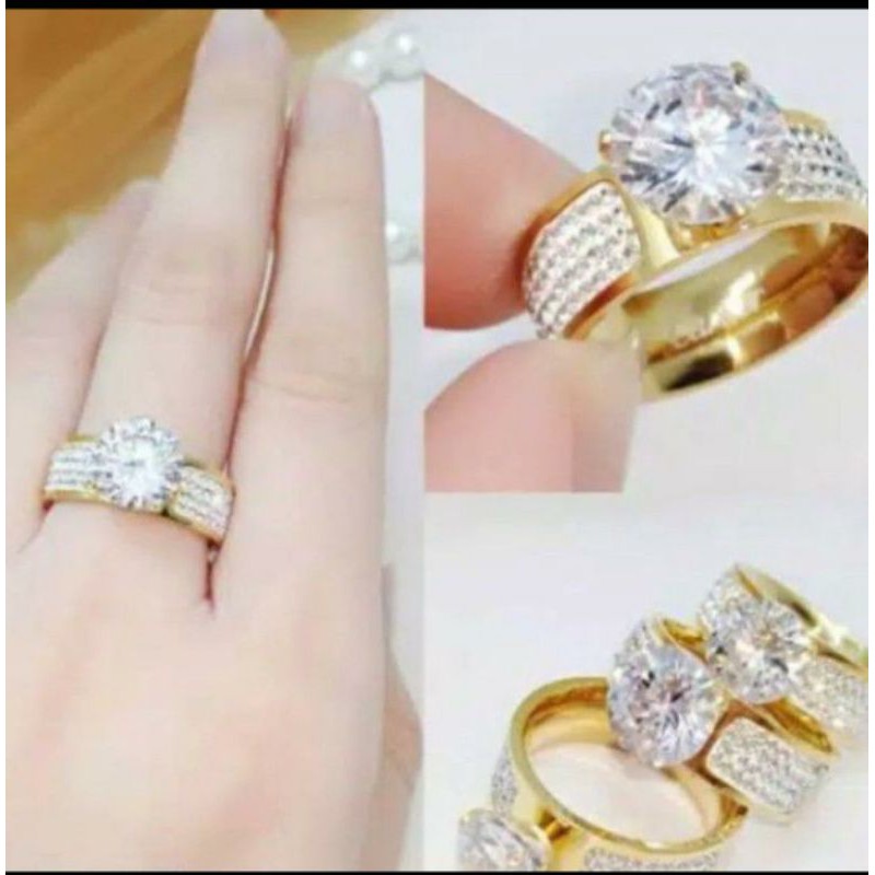 Cincin titanium Aksen full Diamond Mata Satu Perhiasan Emas N13081914