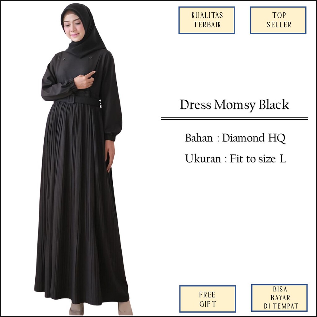 Baju Gamis Syari Warna Hitam Black Model Plisket Polos Bahan Diamond Busui Friendly Size L M1196