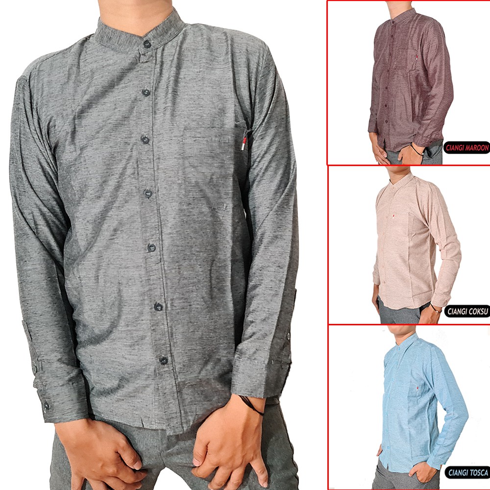 MYSTERICOUS Kemeja Linen Polos Pria Lengan Panjang CIANGI / Kerah Bulat / Pakaian Formal &amp; Kasual