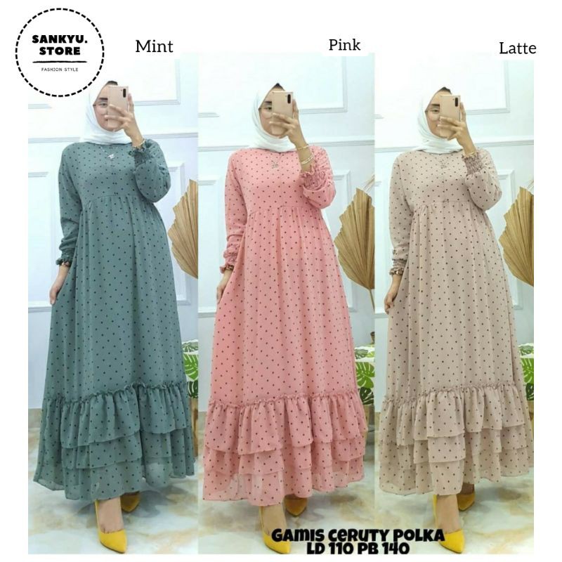 Gamis Ceruty Babydoll Terbaru Kekinian Ainun Andara Maxy Polkadot Premium Full Furing Polkita Celisi