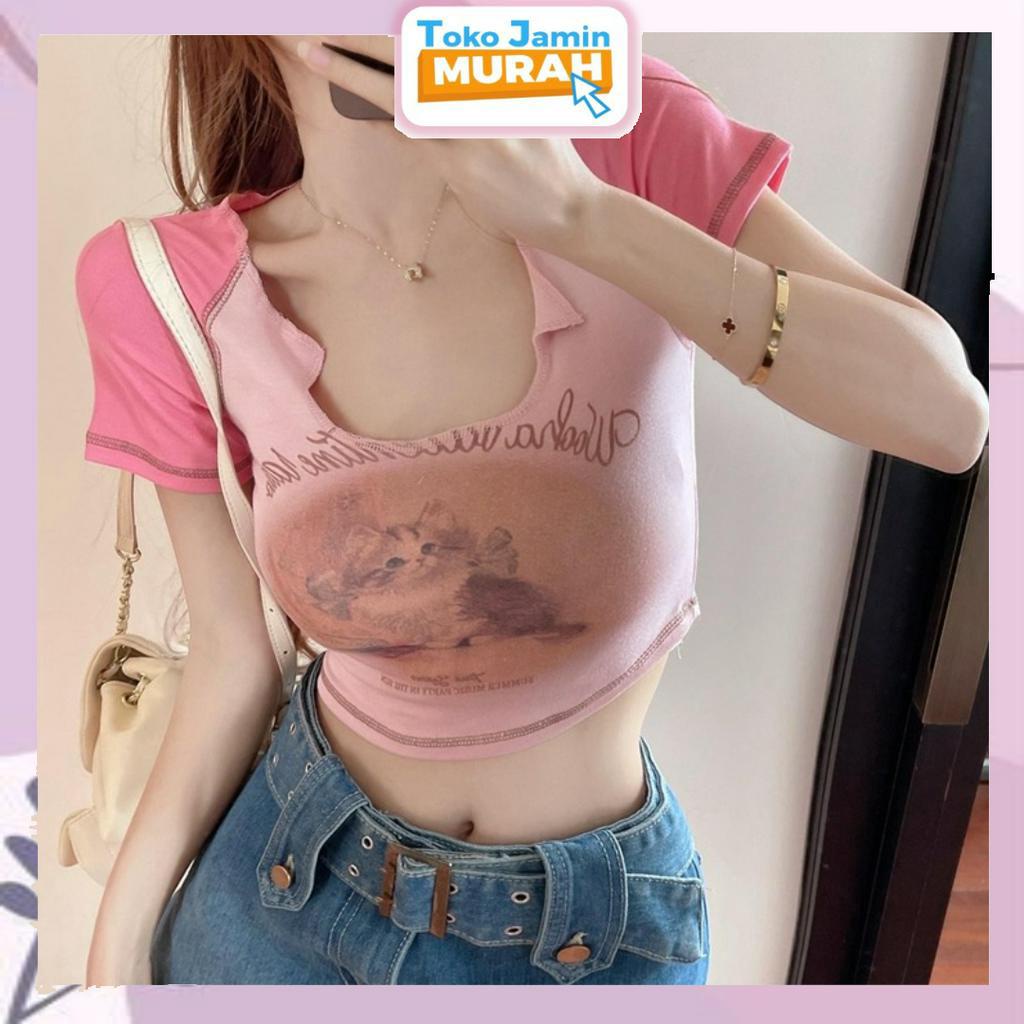 TJM BJ381 Crop Top Korean Cuties Cat T-shirt Baju Kaos Pendek Motif Kucing