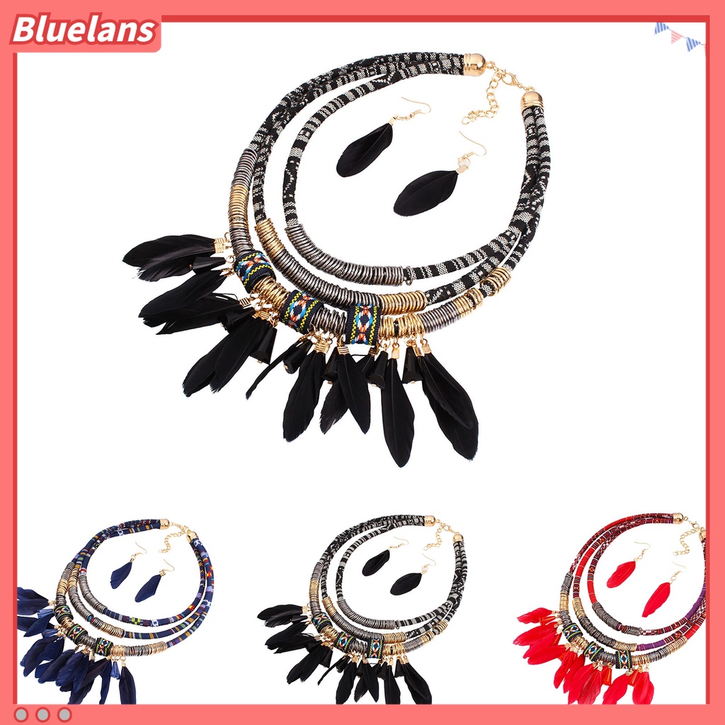 2pcs / Set Kalung Anting Rumbai Bulu Multilayer Bahan Alloy Gaya Bohemian Etnik Untuk Aksesoris Perhiasan