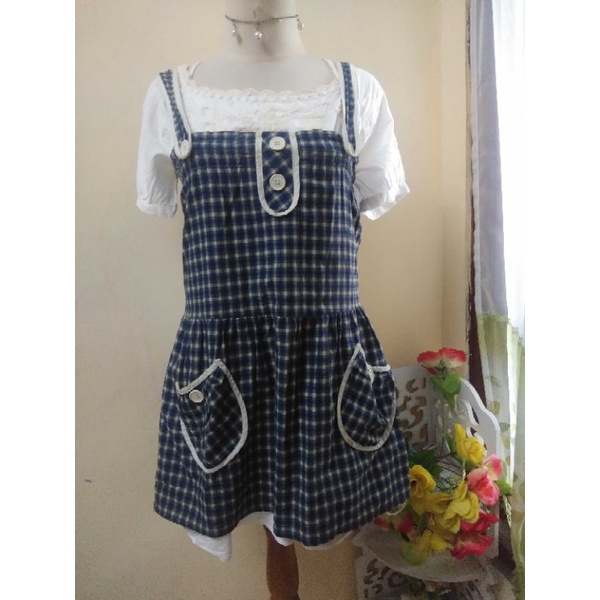Dress baju outer luaran dalaman putih katun baju atasan wanita mini dress kotak kotak kawaii vintage