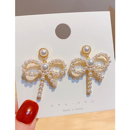 LRC Anting Tusuk Fashion Golden Alloy Pearl Bow V57128