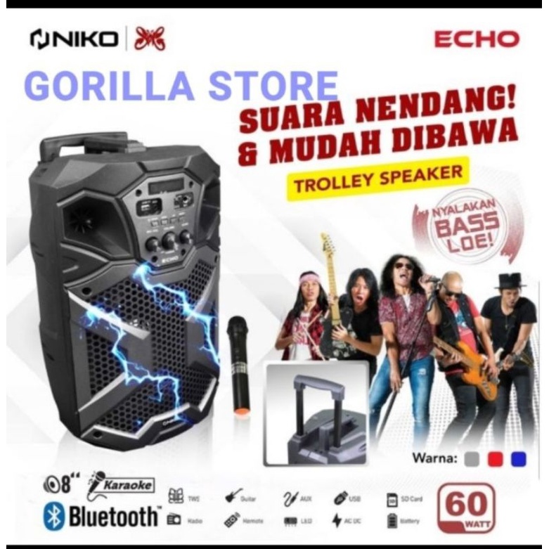 Trolley Speaker AC/DC Niko Echo 8 Bluetooth 8 Inch 60 Watt Free Mic