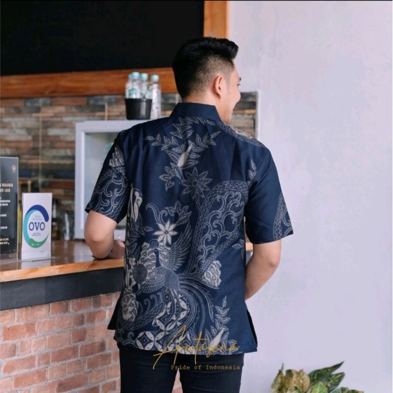 PARANG PEKSI  batik pria lengan pendek bahan katun printing furing halus modern masakini warna biru gelap