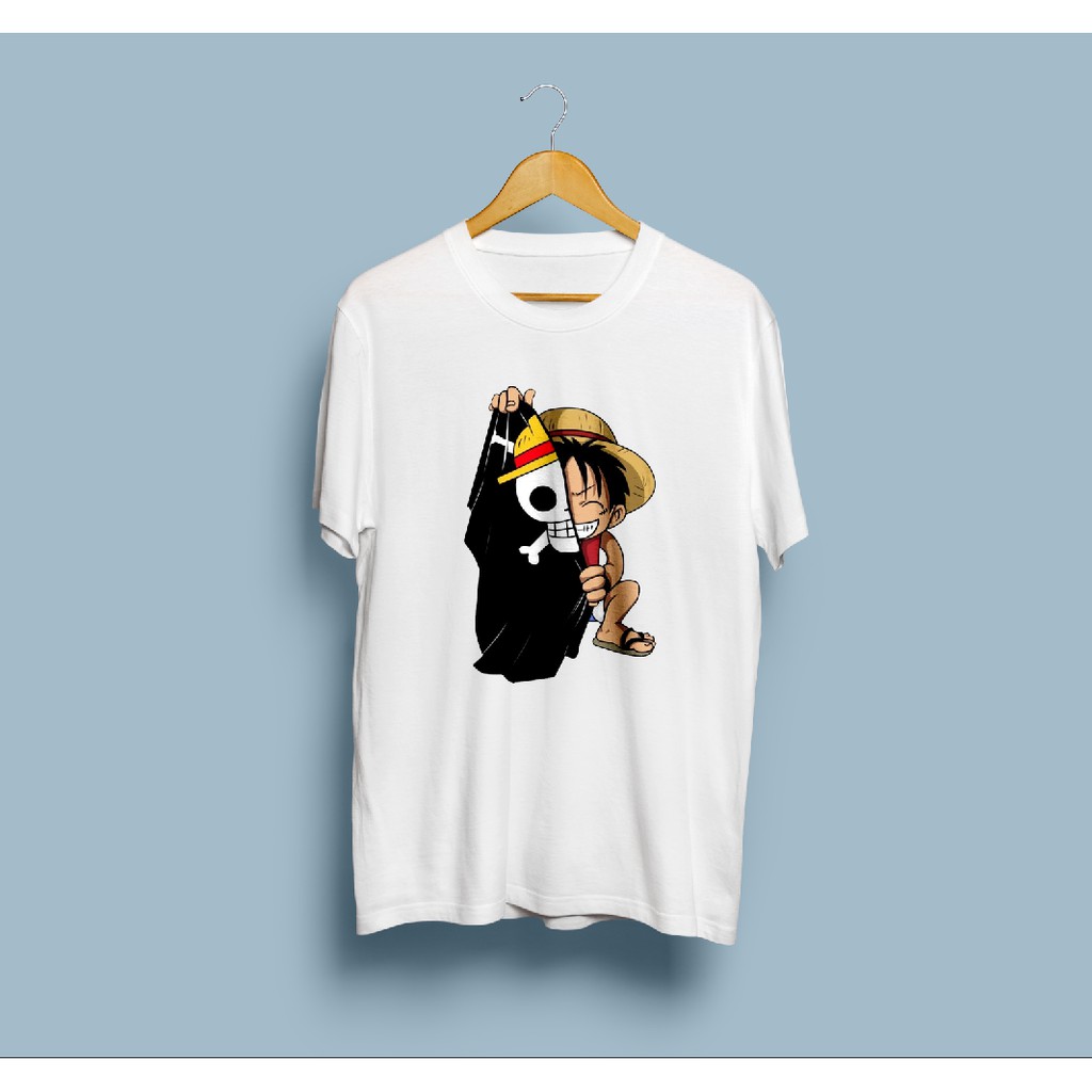 KAOS DITRO KARTUN ONE PIECE LUFFY AND FLAG BENDERA