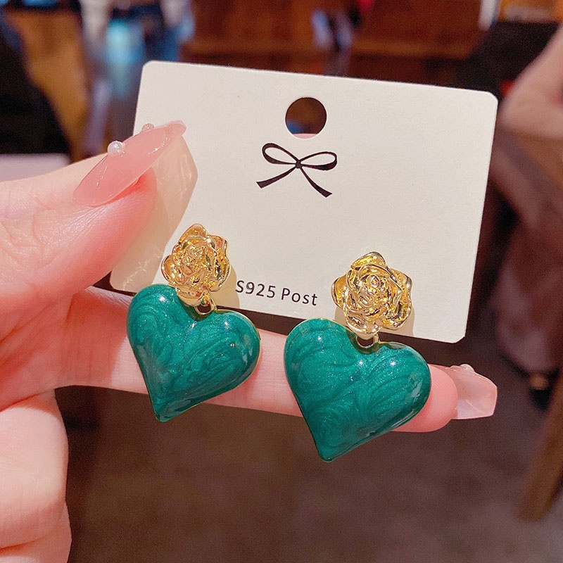 Anting Tusuk Gantung Bahan Sterling silver 925 Desain Hatibunga Mawar Hijau Untuk Wanita