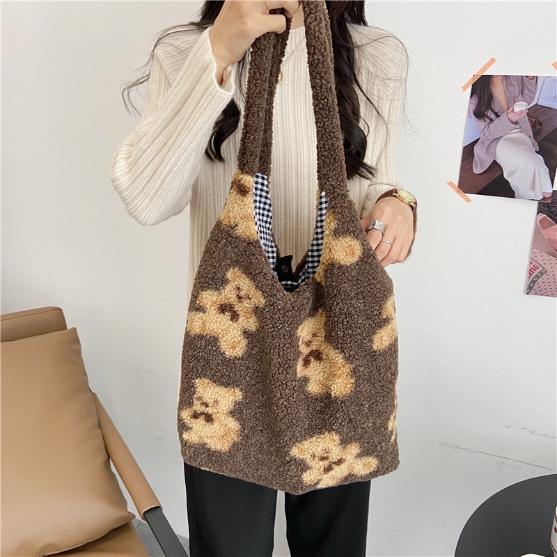 TB-79 tas bahu bulu halus motif beruang cute bear import korea jepang