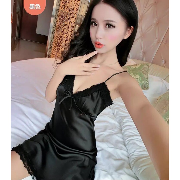 Set Lingerie + G String Sexy Model Satin Lace Set Gaun Pakaian Baju Linjeri Lingeri Lingerie Set Baju Tidur G String Wanita Dewasa Transparan Seksi Sexy Depan Suami Halal Haram Adem Nyaman-3