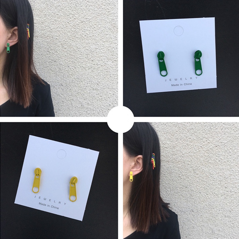 Anting Tusuk Gantung Desain Resleting Warna Warni Gaya Minimalis Untuk Wanita