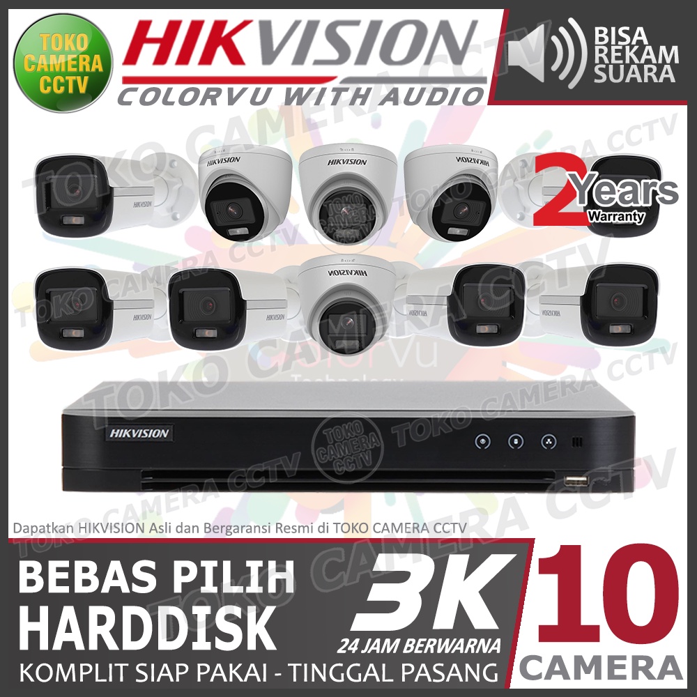 PAKET CCTV HIKVISION 5MP 3K COLORVU AUDIO 16 CHANNEL 10 KAMERA