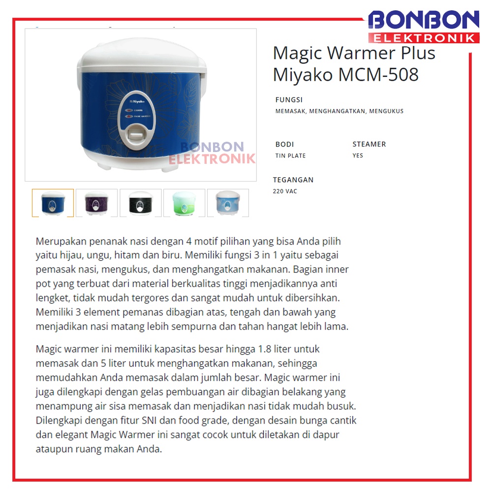 MIYAKO Rice Cooker MCM-508 1.8 L / MCM 508 Magic Com