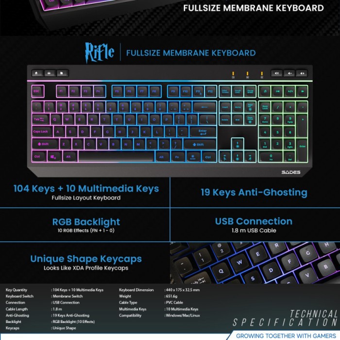 Sades Riffle / Rifle Fullsize Membrane Keyboard Gaming RGB - Hitam