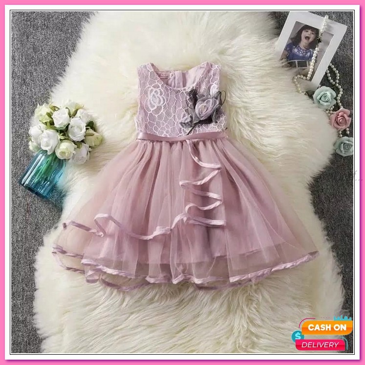 Baju Pesta Anak Perempuan Dress Import Gaun Pesta Mewah Aksen Renda Hiasan Bunga