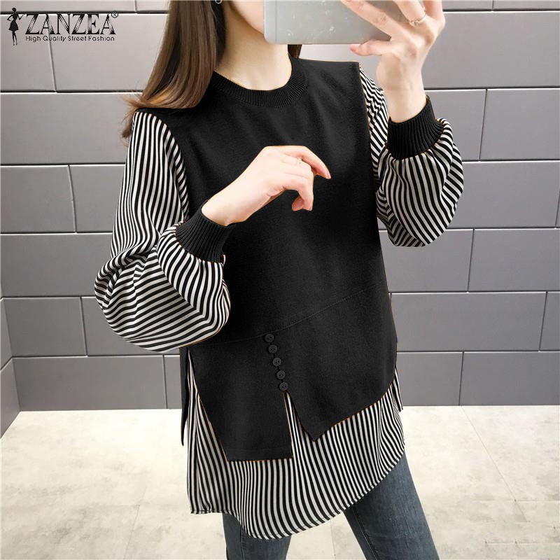 ZANZEA Women Loose Long Sleeve Crew Neck Stripe Patchwork Fashion Blouse