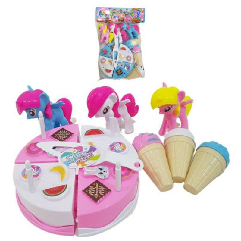 Mainan kue tart ulang tahun plus 3 es krim dan 3 kuda poni / mainan kue potong ulang tahun