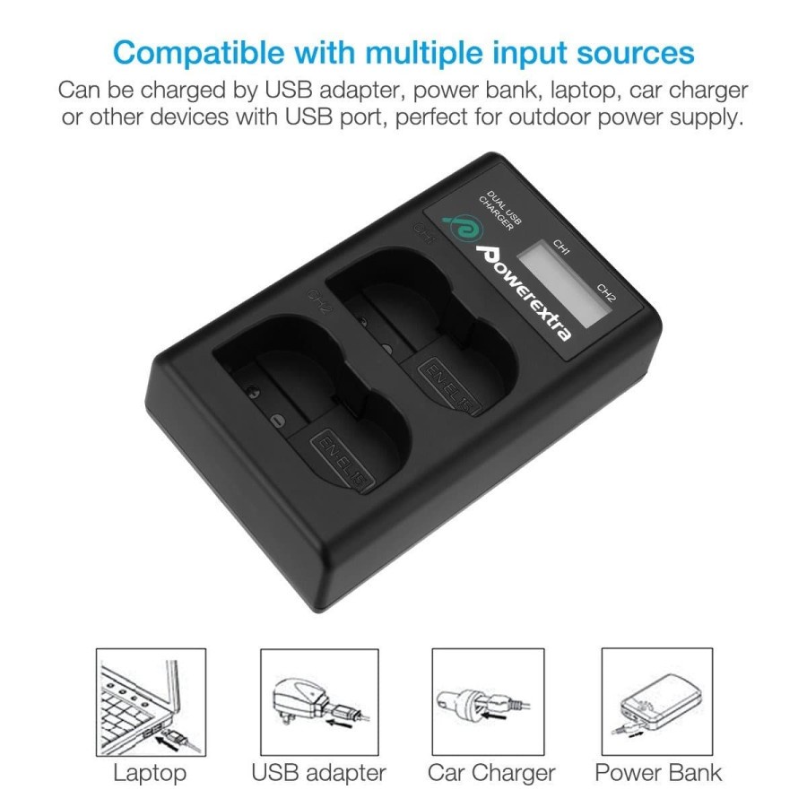 Powerextra Baterai (2-Pack) Nikon EN-EL15 and Smart Dual Charger LCD