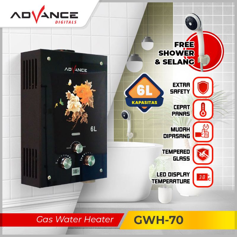 Advance Water Heater Gas 6 Liter GWH-70 LED Display Tempered Glass