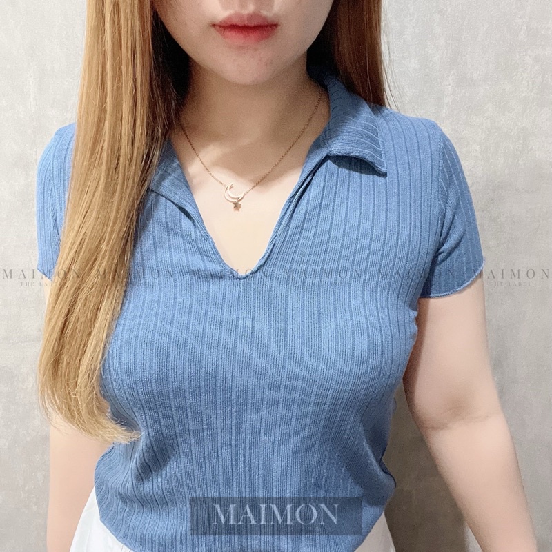 Basic Polo Top V-Neck Knit Blouse | Kaos Basic Polo Atasan Wanita | Maimon Grosir