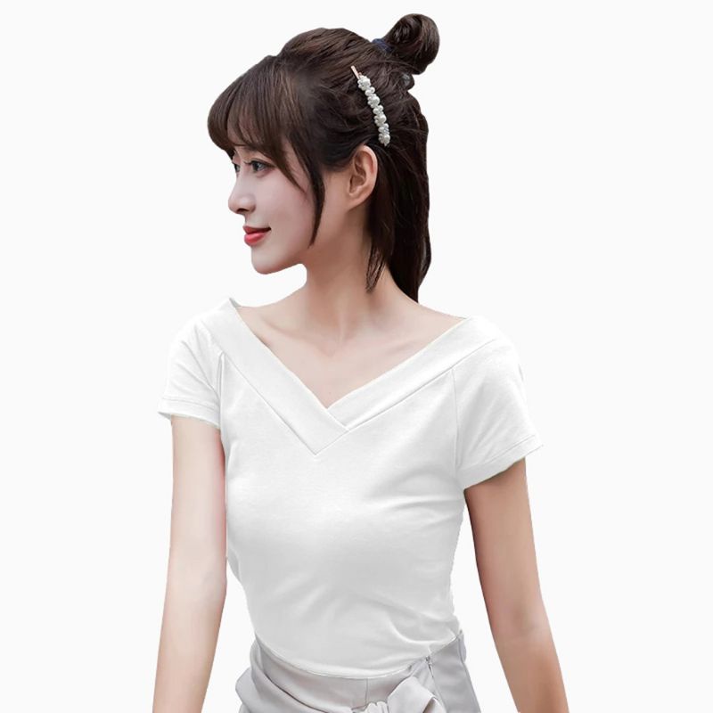 Kaos Tshirt Lengan pendek Wanita Gaya korea leher v lebar - JktMfashion Asri