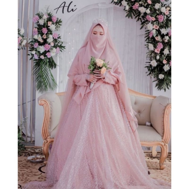 set gaun walimah syari pink
