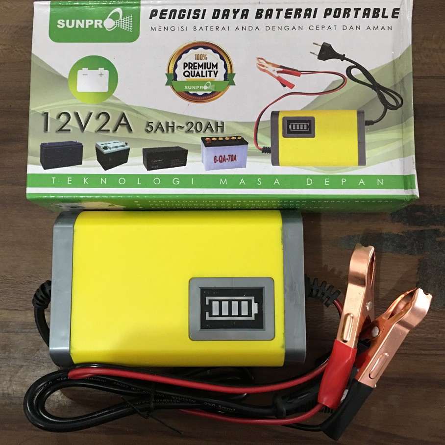 Charger Aki Cas Aki Pengisi Daya Baterai Portable 12V 2A 5Ah - 20Ah Sunpro