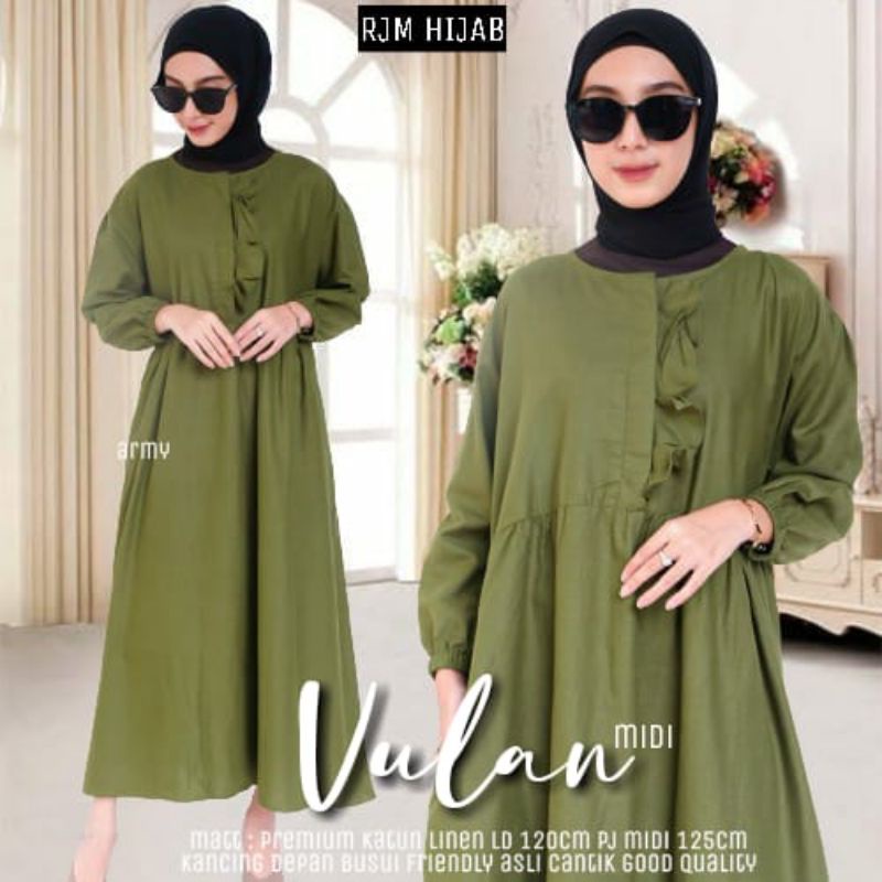 Baju Gamis Midi Wanita Vulan Dress Katun Linen Polos Busui Bumil