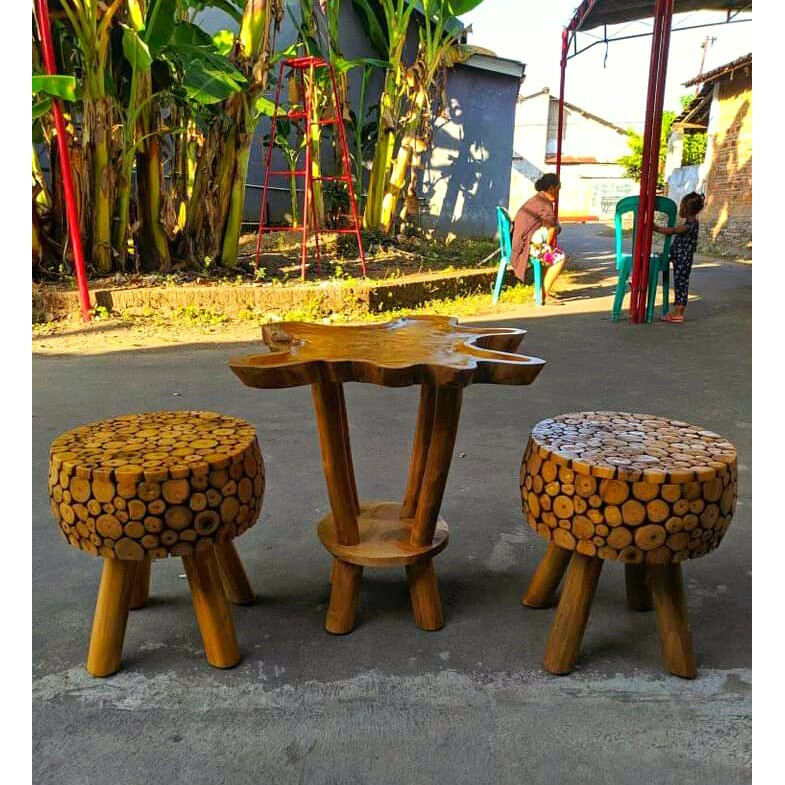 BEST SELLER Set Meja dan Kursi Unik Kayu Jati Stool Kayu Jati Furniture Santai Unik Terjangkau