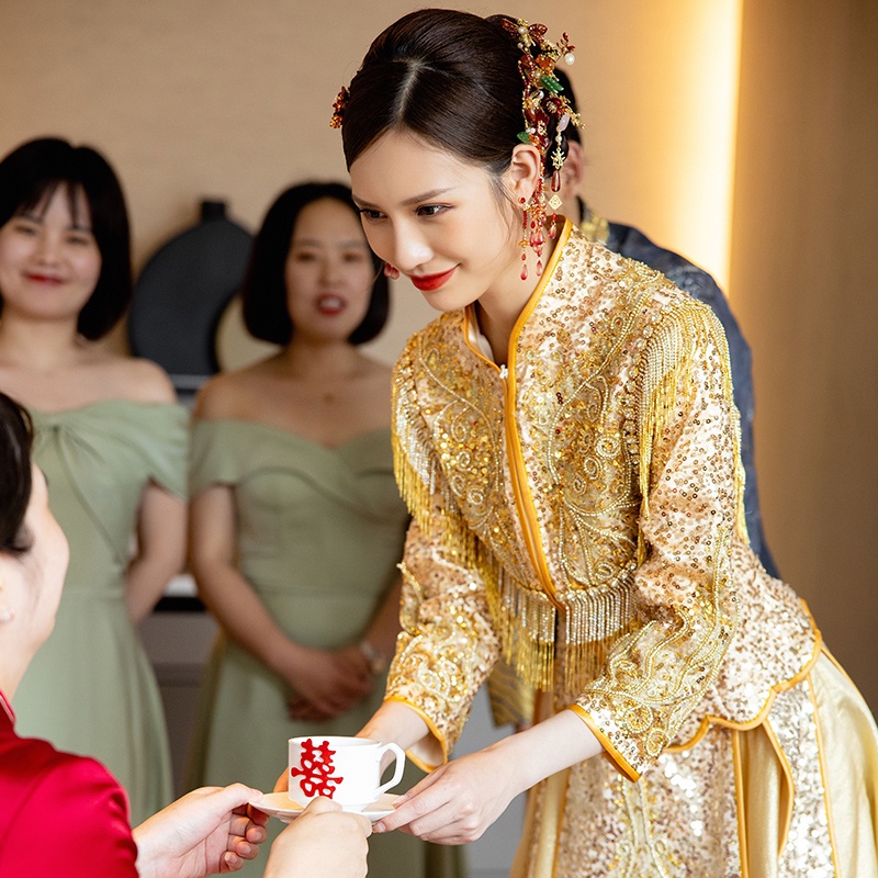 ┇◄✒Pengantin Emas 2021 Baru Ekor Pernikahan Gaun Pengantin Cina Gaun Kostum Pernikahan Gaun Feng Gua
