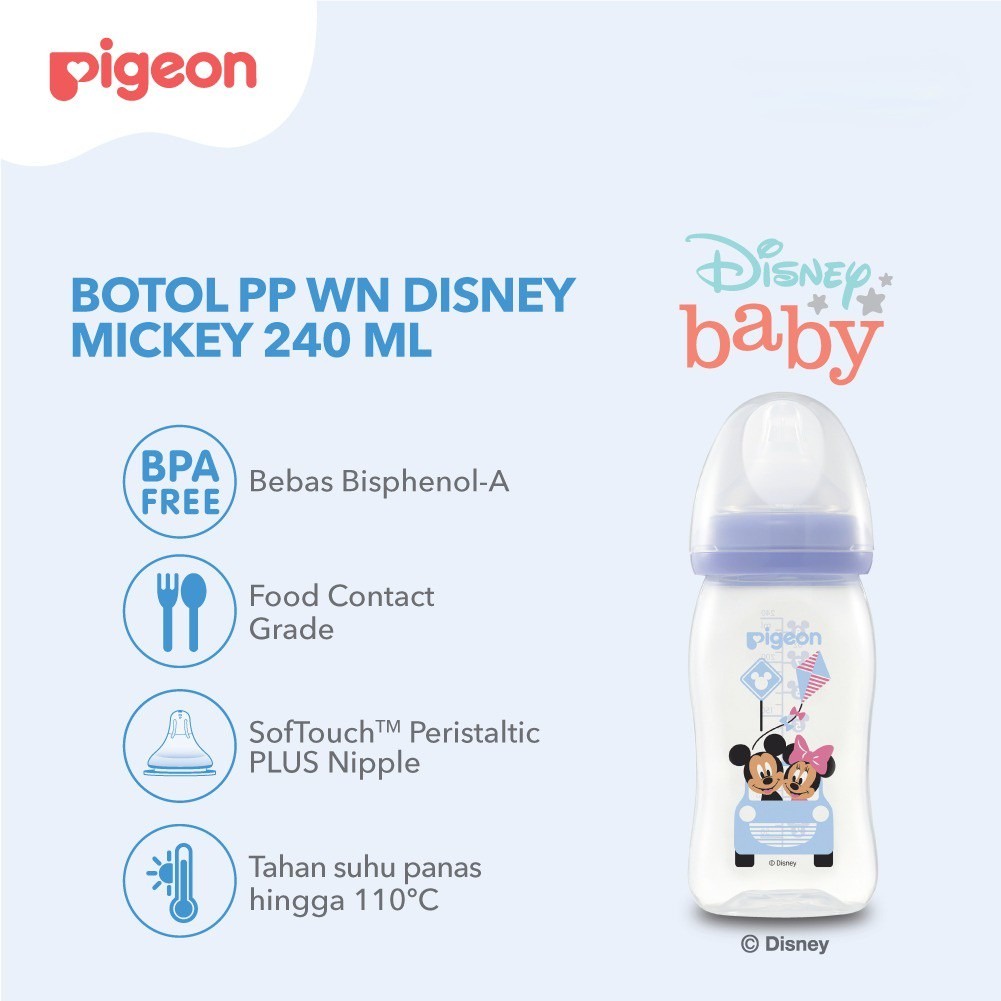 Pigeon Botol Susu SofTouch Peristaltic Plus PP Clear Wide Neck Mickey Bottle 3+ Bulan Ungu 240ml