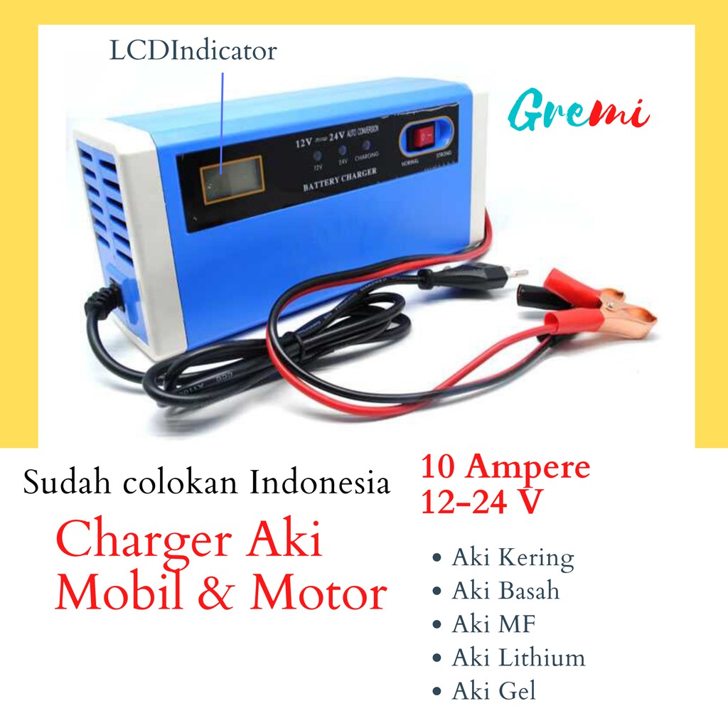 Charger Aki Portable 10A 12V 24V Casan Accu Motor Mobil Sparepart Motor Listrik Indikator Carger