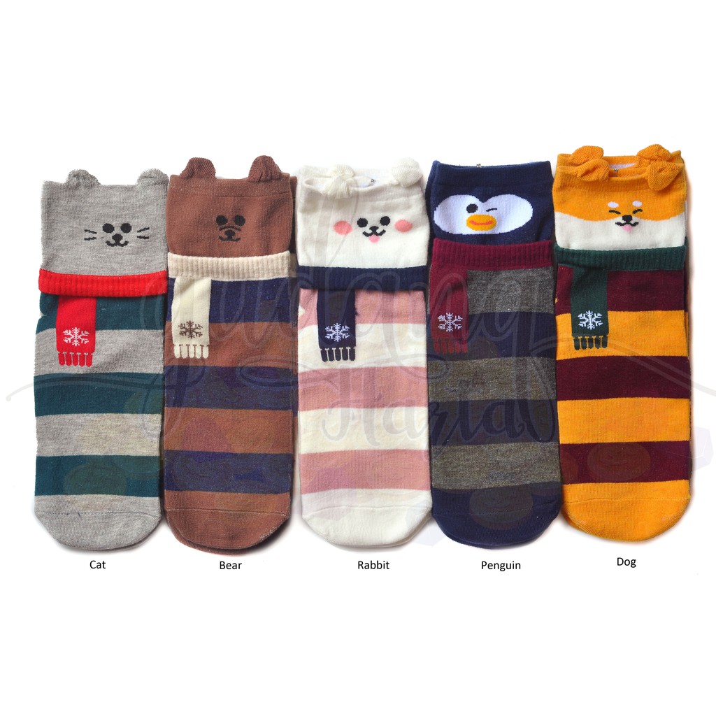 Kaos Kaki Wanita Panjang Animal With Scarf Anjing Kucing Penguin Bear Cat Beruang Dog Lucu GH 103004