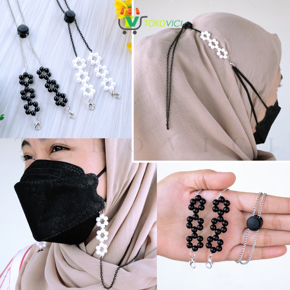 Kalung Masker Rantai Bunga Ikat Mutiara 2IN1 Strap Masker Mewah Hitam Silver KLTV61
