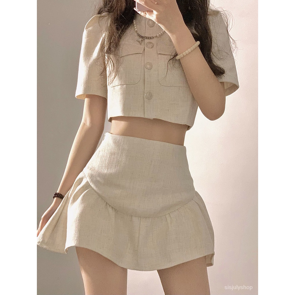 #Sisjuly# Rok Fishtail Jas Pendek Putih Ramping Wanita Setelan Dua Potong