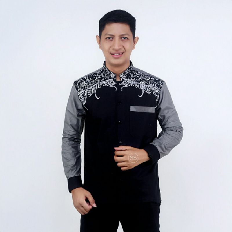 Baju Koko Dewasa Lengan Panjang Modern Motif Abstrak Ujung Lengan Berkancing Bahan Katun Oil