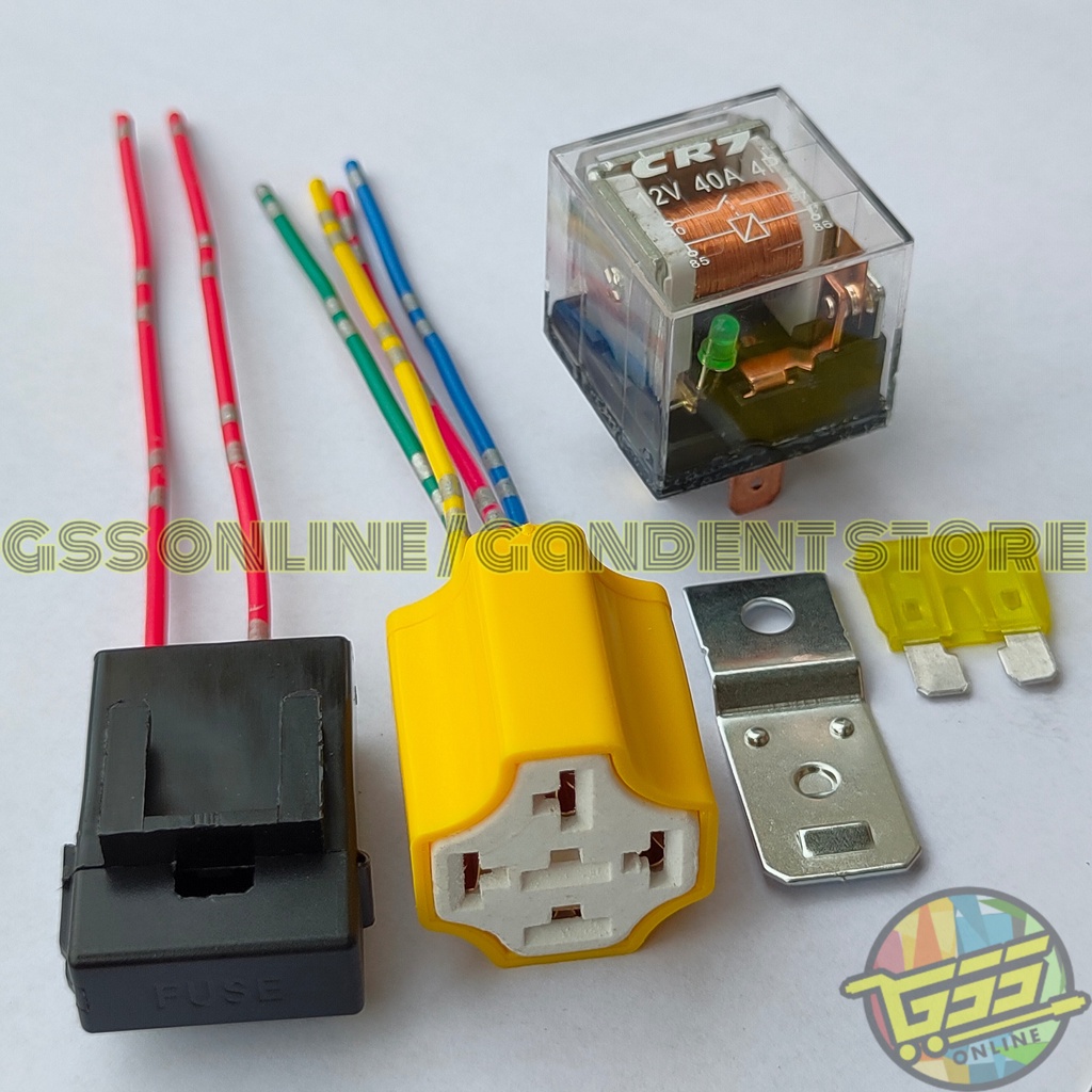 Paket lengkap Relay CR7 SHINAGAWA original 12v 30a 80a kaki 4 socket relay KERAMIK kaki 4 dan rumah sekring kabel kecil