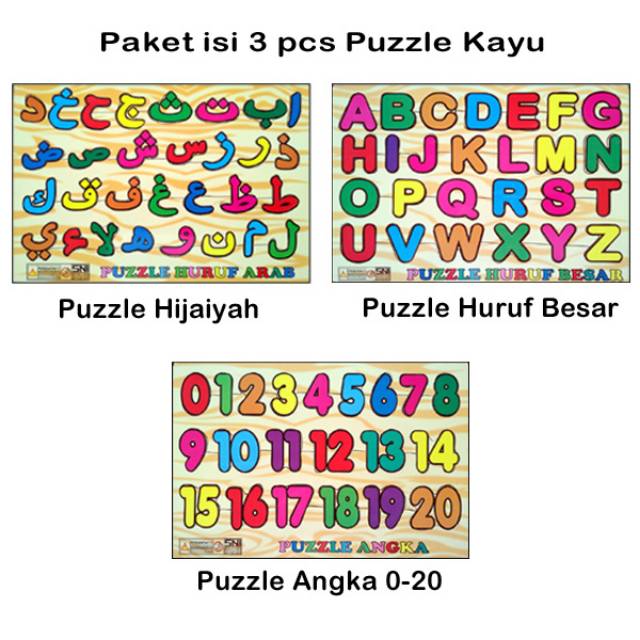 Mainan Edukasi Anak Paket Puzzle Hijaiyah Huruf besar Angka